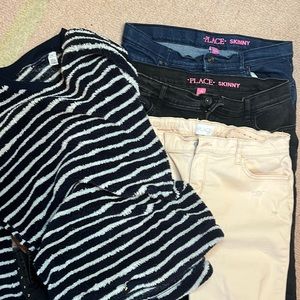 Children’s Place Bundle. 3 pairs of pants & 1 flufffy striped fleece sweatshirt